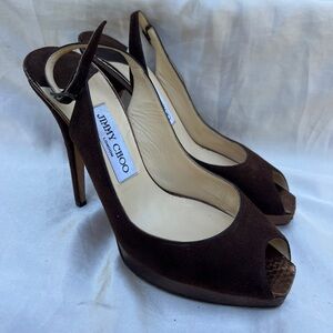 Jimmy Choo Suede and snakeskin peep toe slingback heels